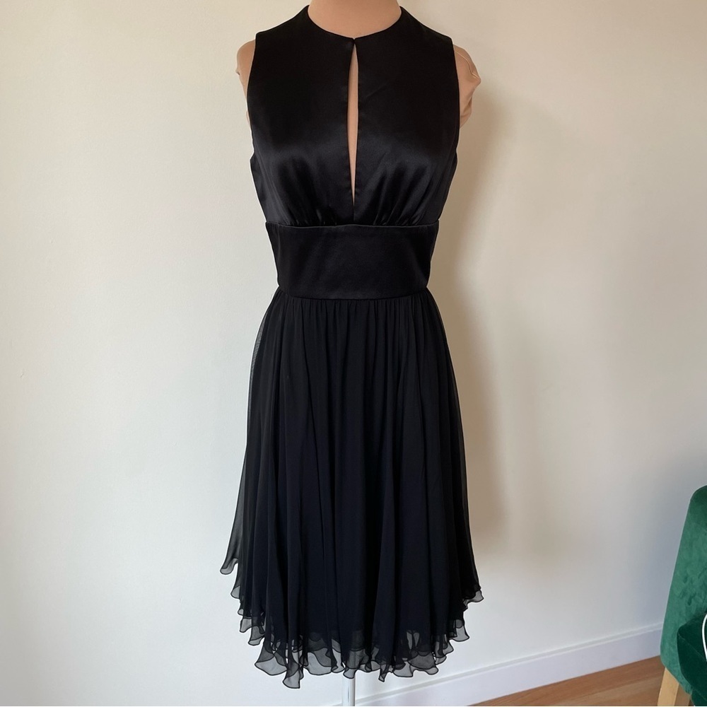 Frank Agostino Silk Black Sleeveless Front Cut Out Fit Flare Cocktail Dress 4